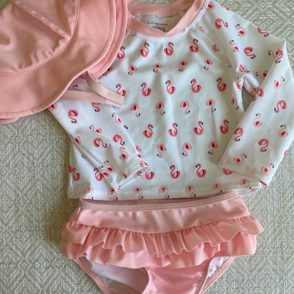First Impressions Swim Set - Swimsuit Hat Rashguard Ruffle 18M Flamingo
